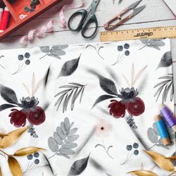 Ткань бифлекс бордовые розы с чёрными листьями на белом фоне