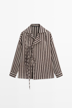 Massimo Dutti Рубашка в полоску с запáхом и завязками, черный