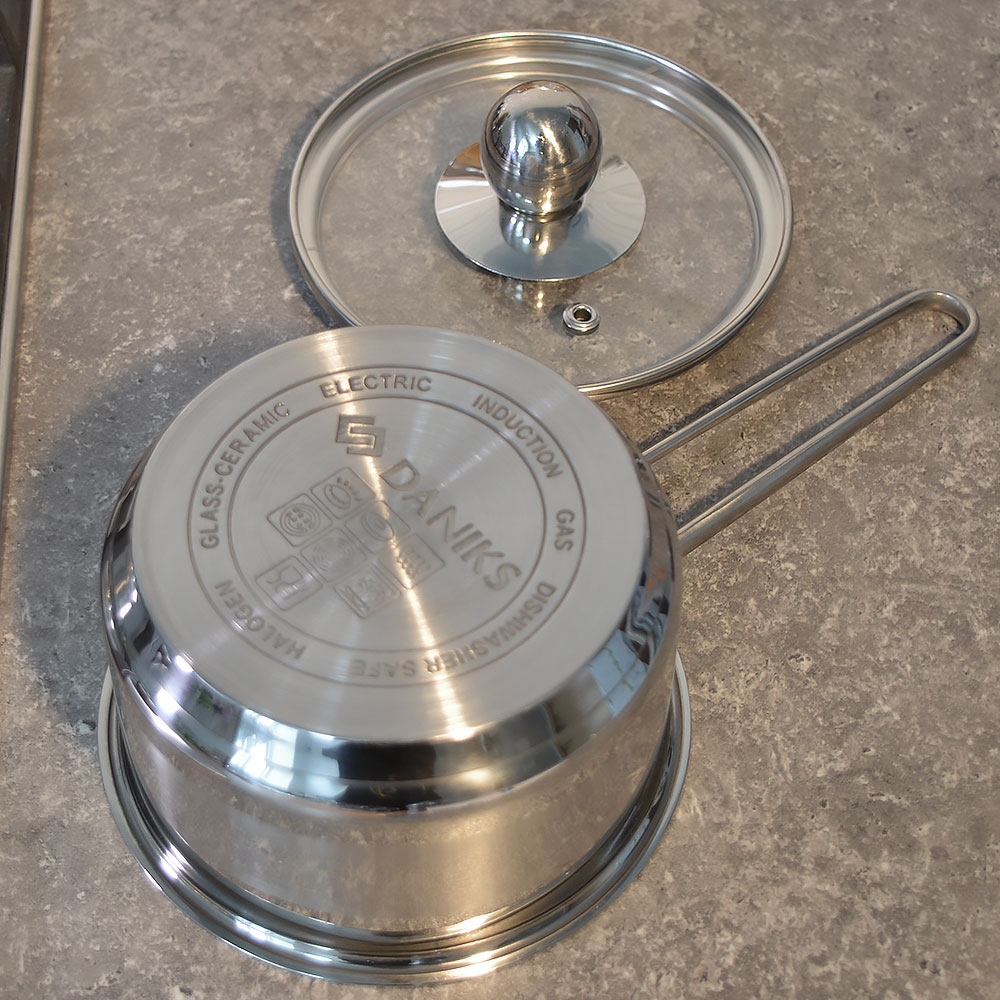 Ковш 0,8л нерж со стеклянной крышкой, с металлической ручкой, индукция, "Daniks" GS-01311-12SP/SD-51