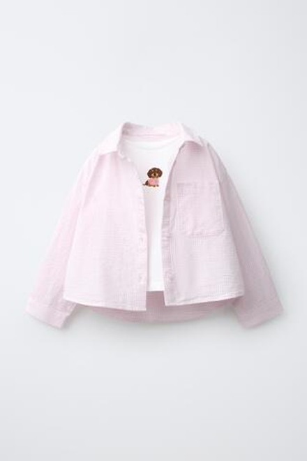 ZARA РУБАШКА В ПОЛОСКУ И ФУТБОЛКА С ВЫШИВКОЙ «ЩЕНОК», КРАСНЫЙ