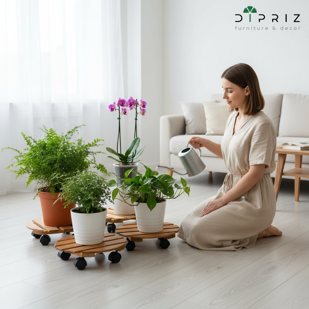 Подставка для цветов напольная на колесиках Флорэль деревянная в стиле рустик (состаренный), круглая, браун