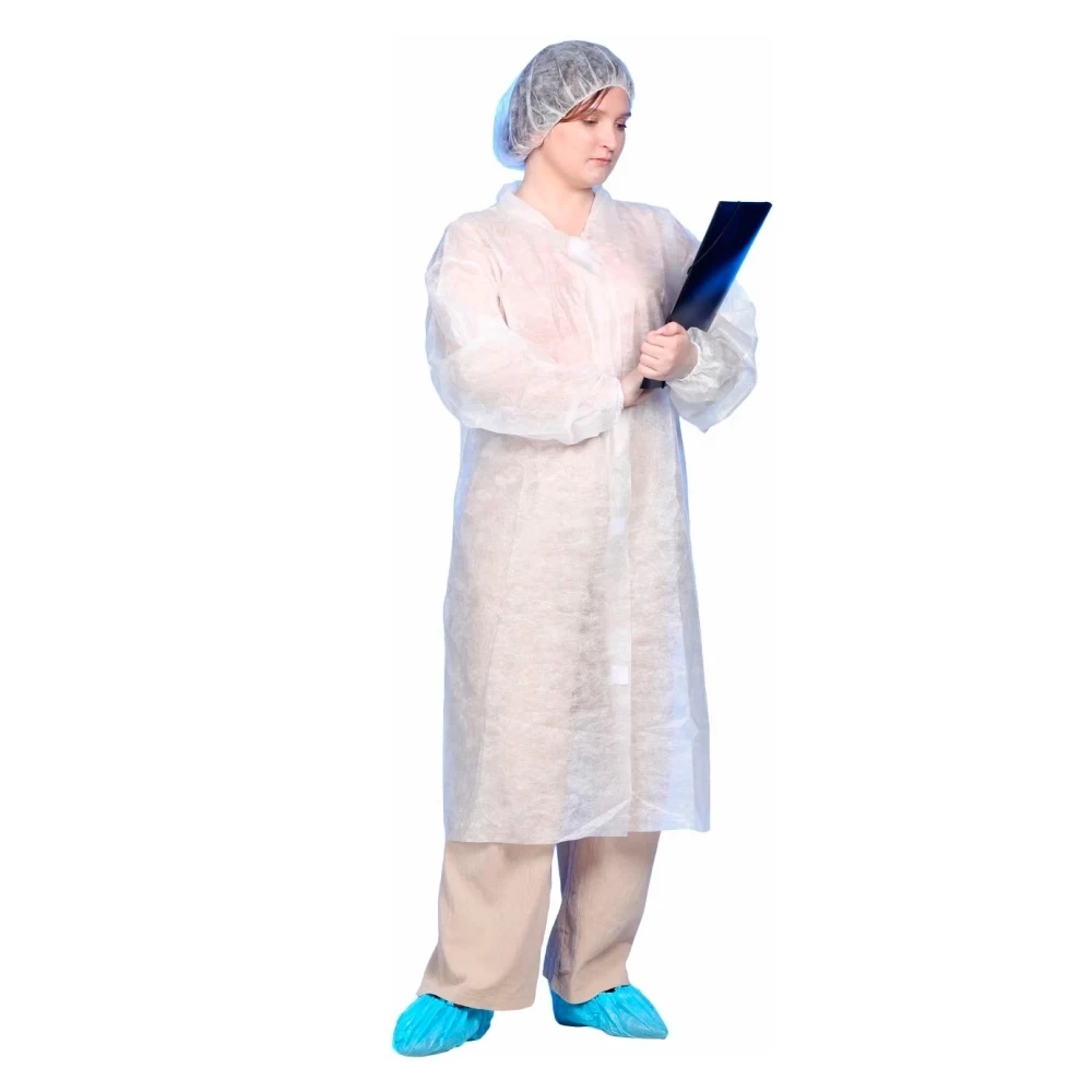 Халат одноразовый защитный с воротником размер 54-56 длина 110 см на липучках спереди плотность 25 100 шт белый