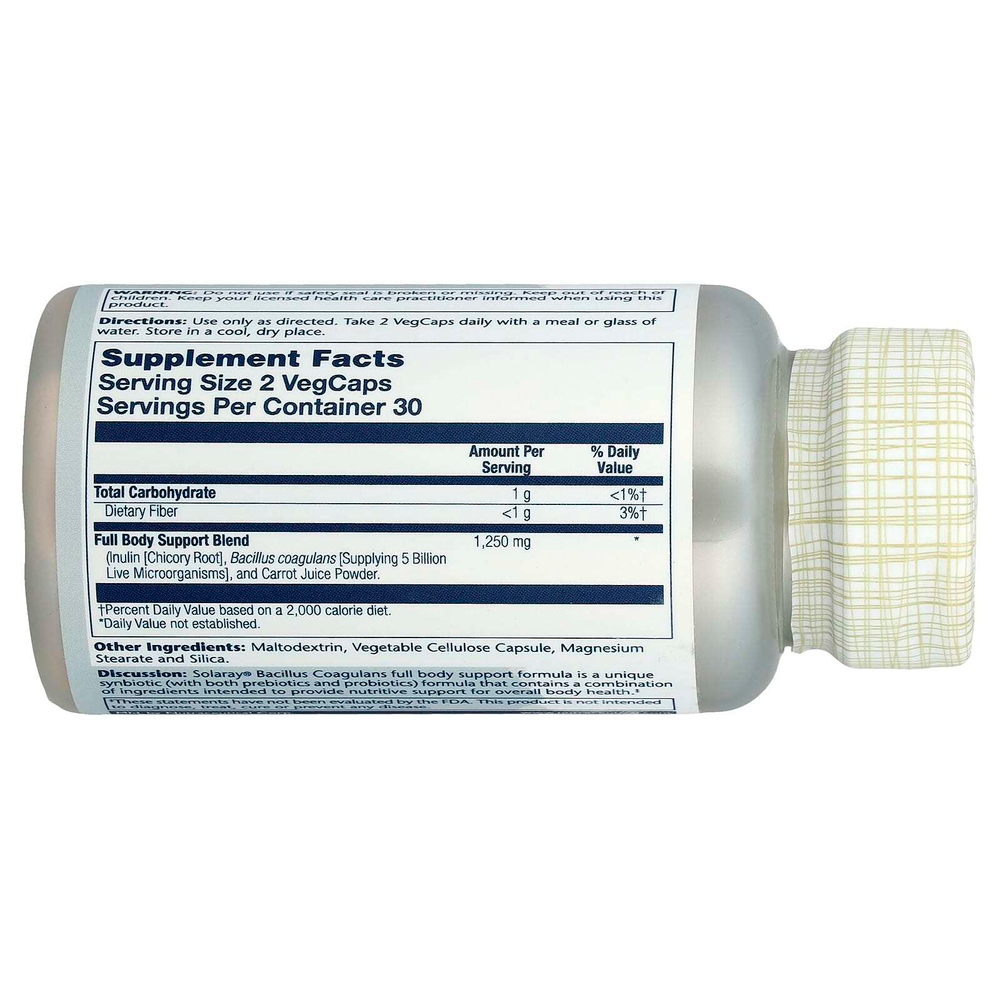 Solaray, бактерии бациллус коагуланс (Bacillus coagulans), 5 млрд, 60 растительных капсул (2,5 млрд в 1 капсуле)