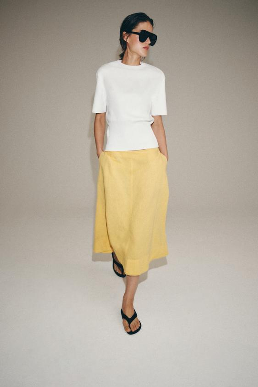 ZARA ЮБКА МИДИ ИЗ СМЕСОВОГО ЛЬНА — ZW COLLECTION, СВЕТЛО-ЖЕЛТЫЙ