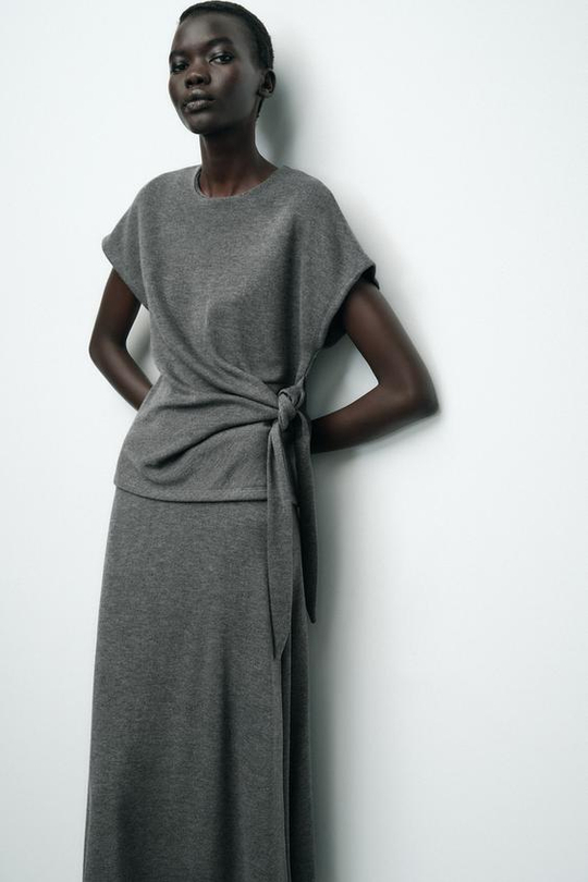 ZARA МЯГКИЙ ТОП С УЗЛОМ, СЕРЫЙ С МЕЛАНЖЕВЫМ ЭФФЕКТОМ