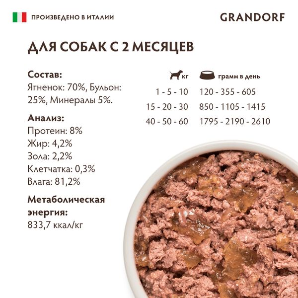 Консервы GRANDORF Dog Lamb для собак, паштет из ягненка