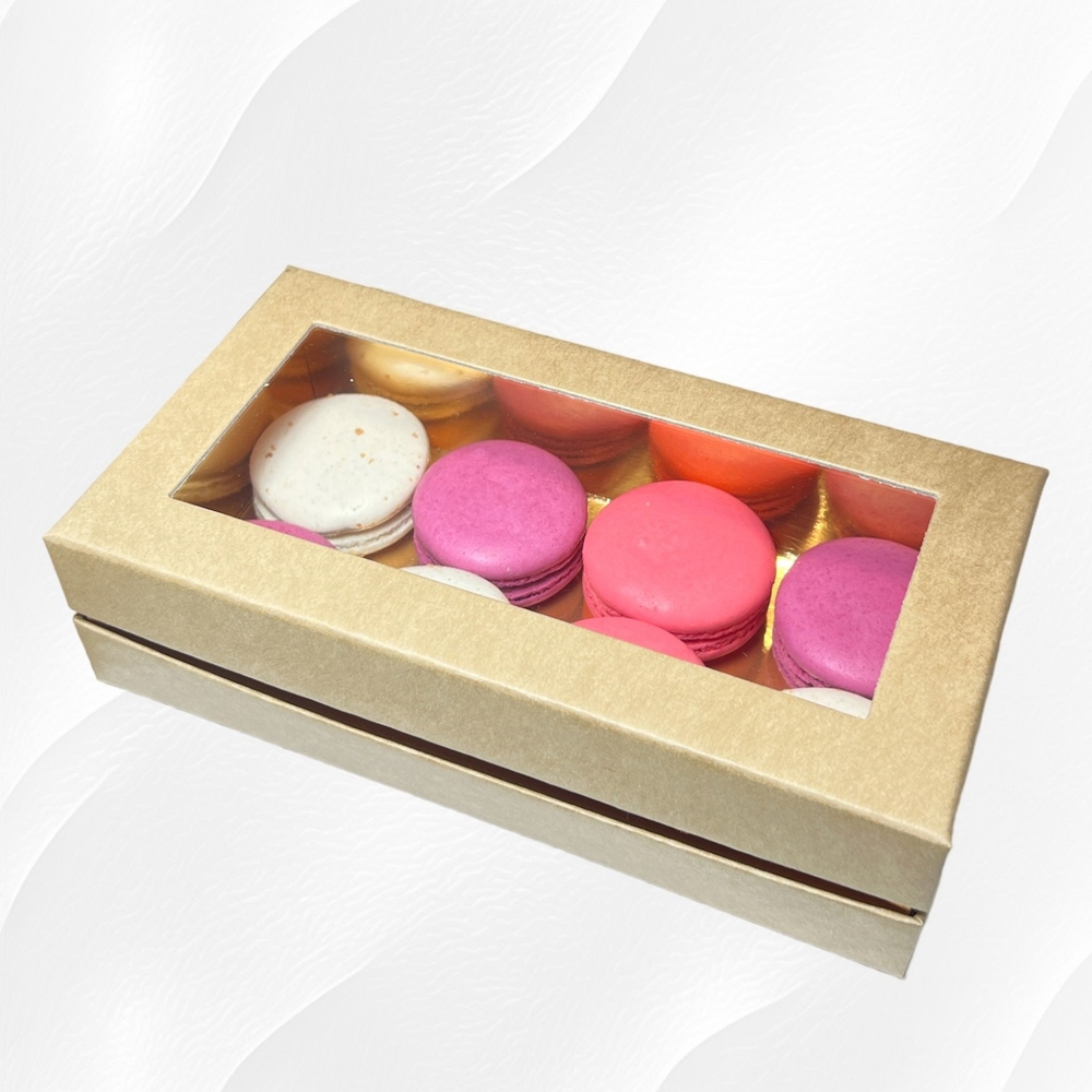 Коробка для макарон и др.кондитерской продукции с прямоугольным окном ПРЕМИУМ 210*110*55 (крафт)