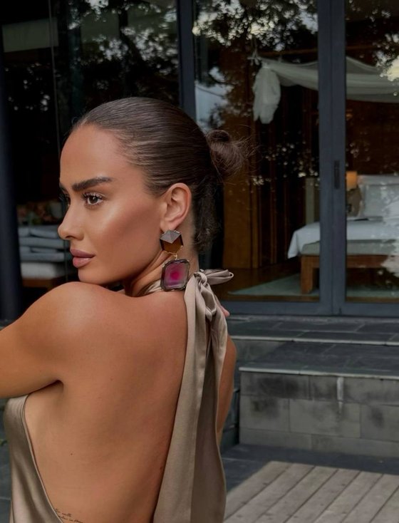 Серьги двойные с розовым центром