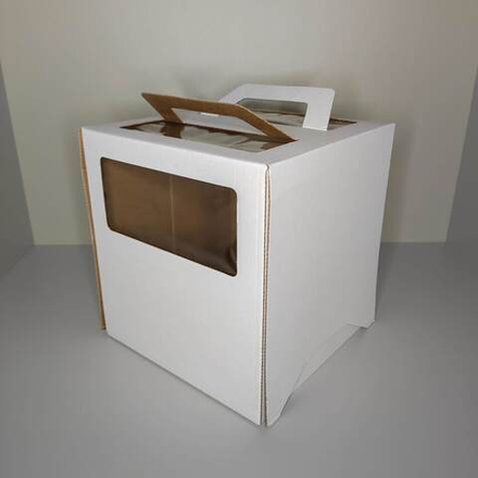 Коробка для торта с окном и ручкой белая 26х26х28 см