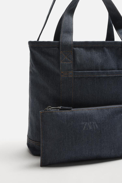 ZARA ДЖИНСОВАЯ СУМКА-ШОПЕР, СИНИЙ