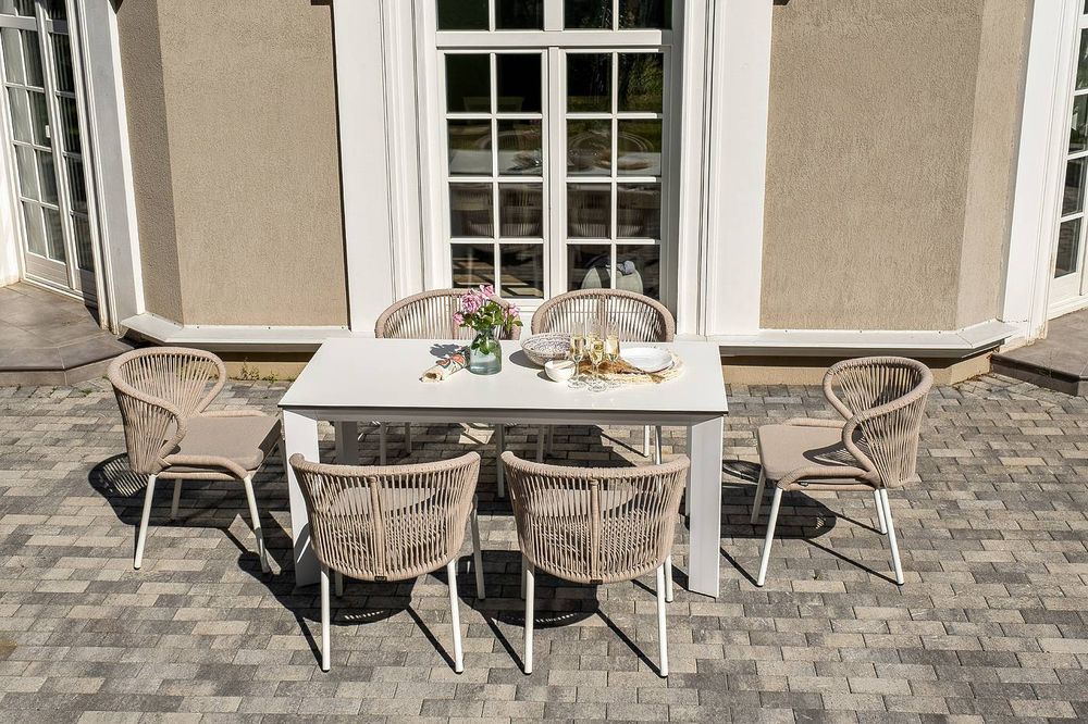 "Венето" обеденная группа на 6 персон со стульями "Милан", каркас белый, роуп бежевый