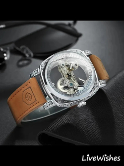 Часы наручные механические скелетоны FORSINING на кожаном ремешке, серебристый/коричневый W8980-01