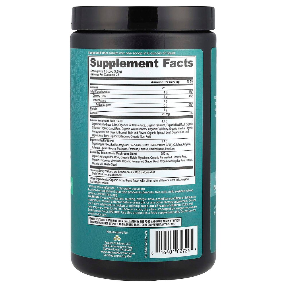 Ancient Nutrition, Органическая суперзеленая, ягоды, 189 г (6,7 унции)