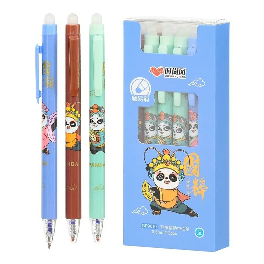 Ручка гелевая, пиши-стирай, автоматическая, Basir, синие чернила, серия "Танцующая панда", 3 цвета корпуса, 12 шт