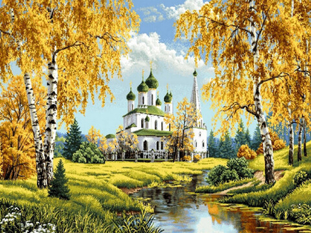 Гобеленовая картина "D. ХРАМ У ВОДЫ" в багетной раме, Россия.