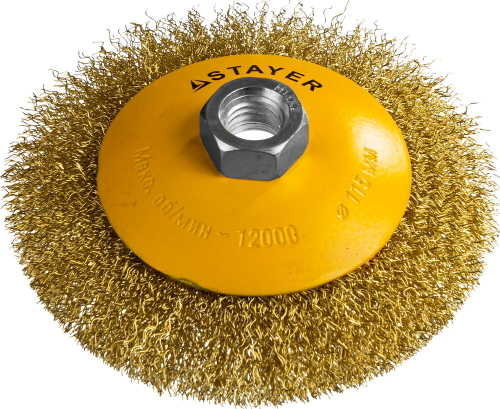 STAYER ″PROFESSIONAL″. Щетка коническая для УШМ, витая стальная латунированная проволока 0,3мм, 115ммхМ14