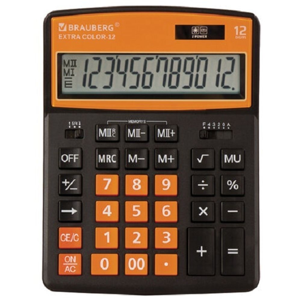 Калькулятор настольный Brauberg, 12 разрядов, 12-BKRG, двойное питание, 155х206х40мм, черно-оранж.