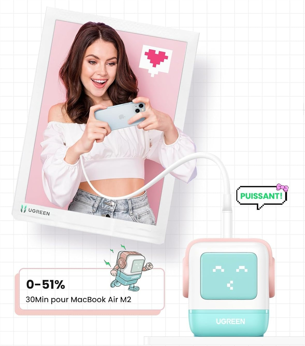 Зарядное устройство 2xUSB-C+1 USB, 65W, Nexode Robot GanN, Pink-Blue UGREEN 35855