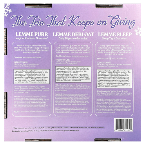 Lemme, Праздничные жевательные таблетки Essentials, Purr, DeBloat, для сна, 3 флакона, 14 жевательных таблеток в каждом