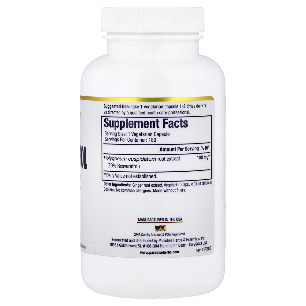 Paradise Herbs, экстракт ресвератрола премиального качества, 180 вегетарианских капсул (100 мг в 1 капсуле)