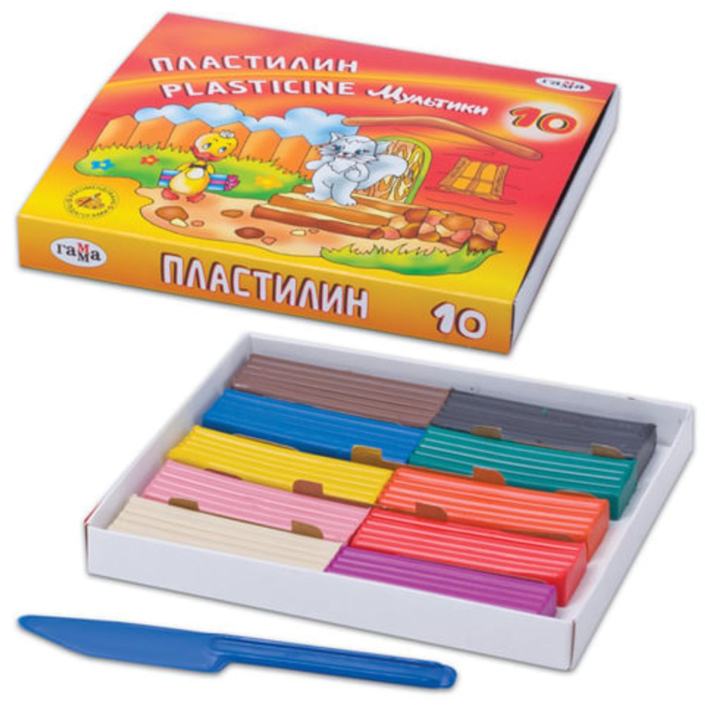 Пластилин классический ГАММА "Мультики", 10 цветов, 200 г, со стеком, картонная упаковка, 280017/281017, 280017, 281017