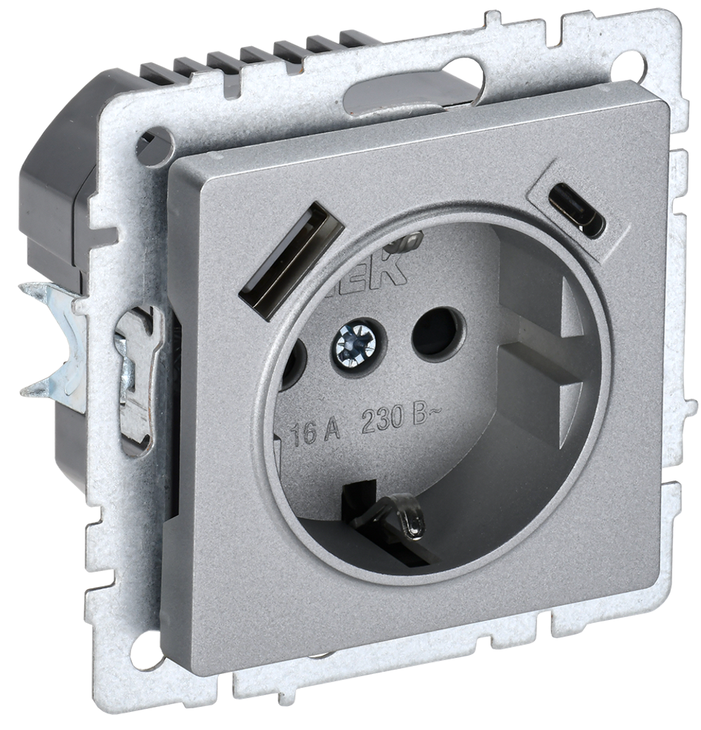BRITE Розетка 1-местная с заземлением с защитными шторками 16А с USB A+C 18Вт РЮш11-1-БрА алюминий IEK