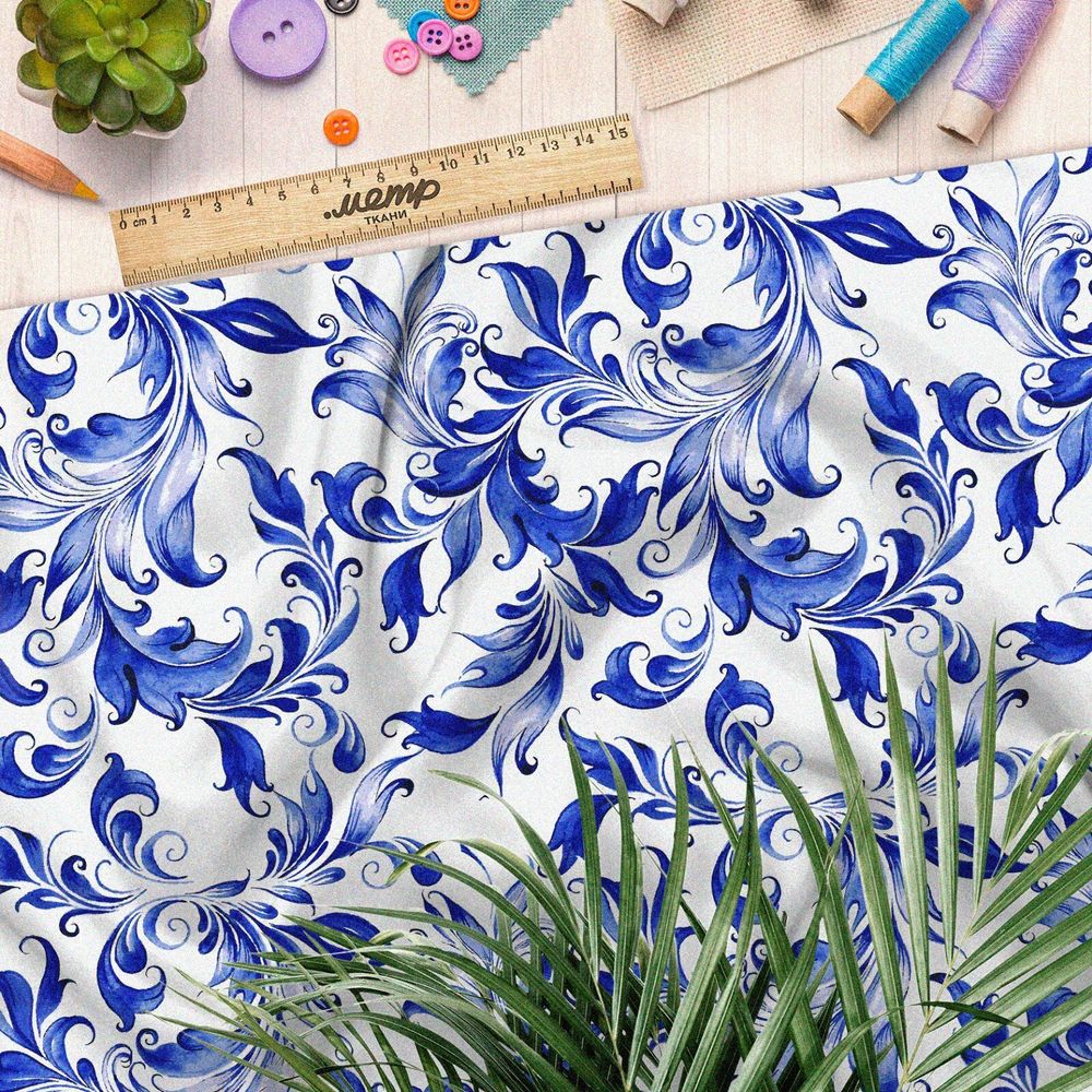 Ткань шелк Армани изящные узоры росписью гжель