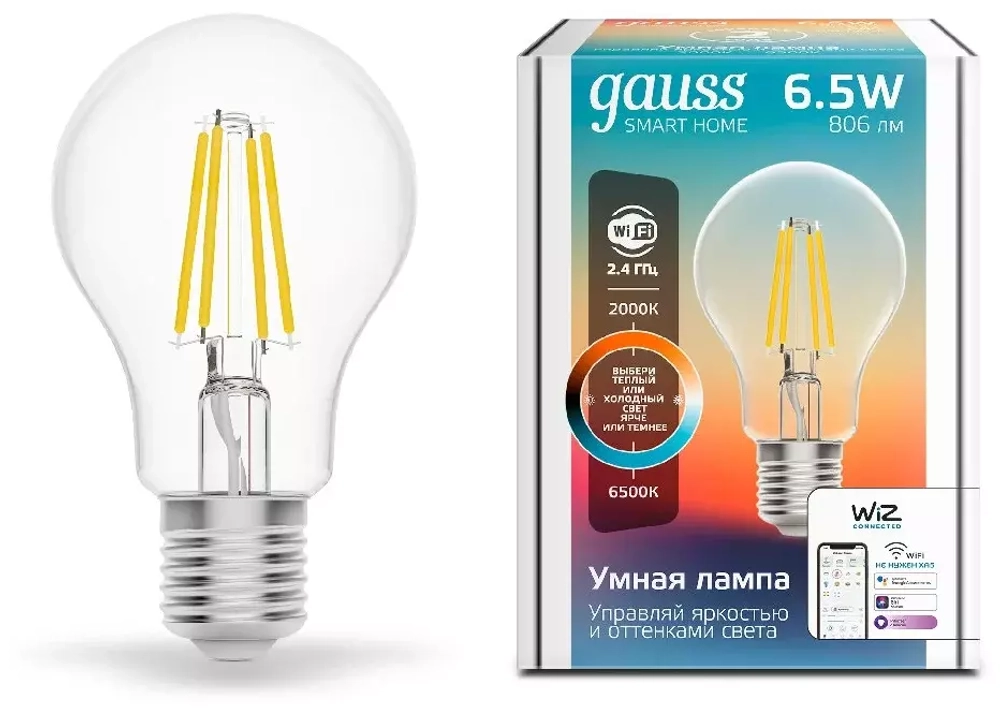 Лампа Gauss Smart Home Filament А60 6,5W 806lm 2000-6500К E27 изм.цвет.темп.+дим. LED 1220112