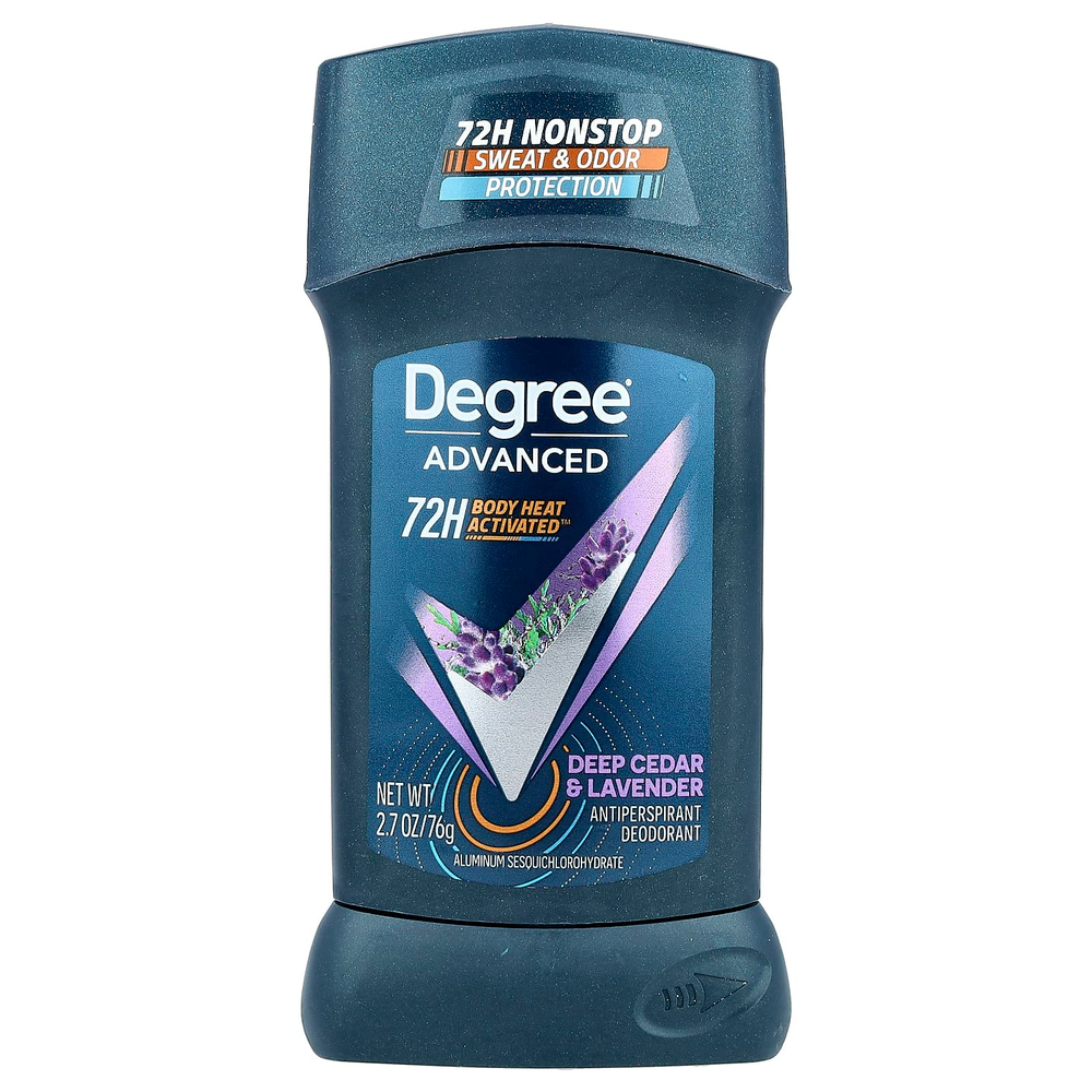 Degree, Advanced, 72H Body Heat Activated™, дезодорант-антиперспирант, насыщенный кедр и лаванда, 76 г (2,7 унции)