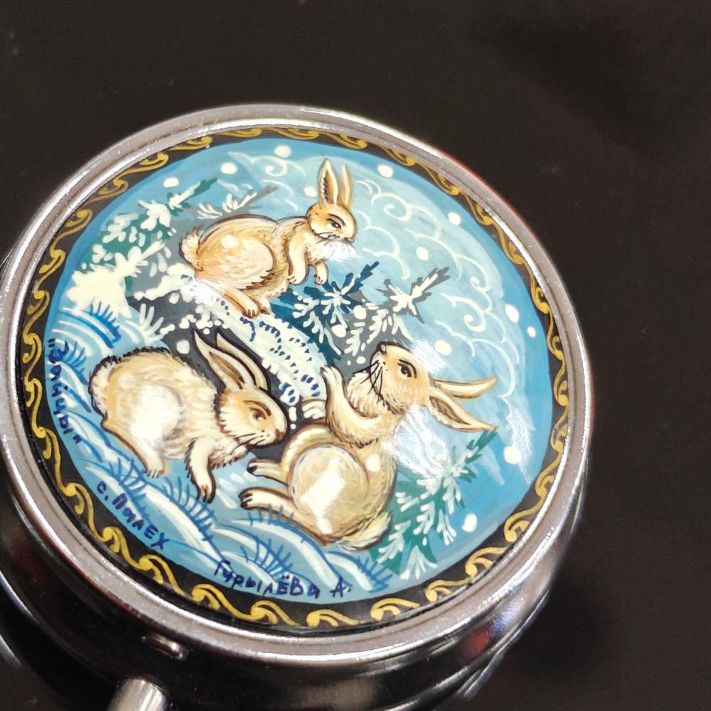 Сувенирный контейнер для хранения мелочей с ручной росписью Палех "Зайчики"