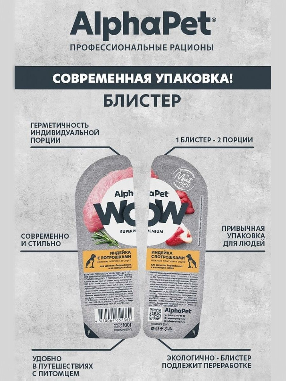 Влажный полнорационный корм для беременных, кормящих собак и щенков AlphaPet WOW, индейка и потрошки ломтики в соусе 100 гр. 15 упаковок