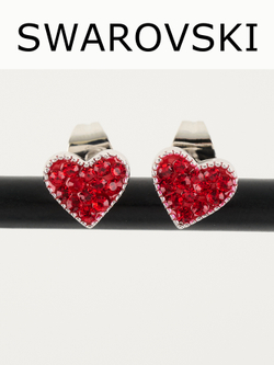 Серьги-сердечки Клевер с красными кристаллами Swarovski