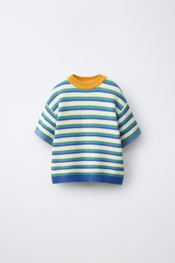 ZARA ТРИКОТАЖНАЯ ФУТБОЛКА В ПОЛОСКУ, ВОДЯНИСТО-ГОЛУБОЙ