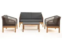 "Канны" лаунж-зона 4-местная из роупа со столиком "Канны" (серый гранит), основание дуб, роуп коричневый