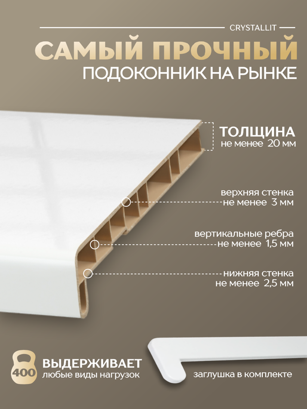 Подоконник пластиковый Кристаллит белый глянцевый
