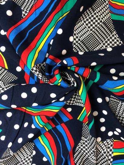 Штапель принт печворк красный/зелен/голуб/черн на синем D78C1