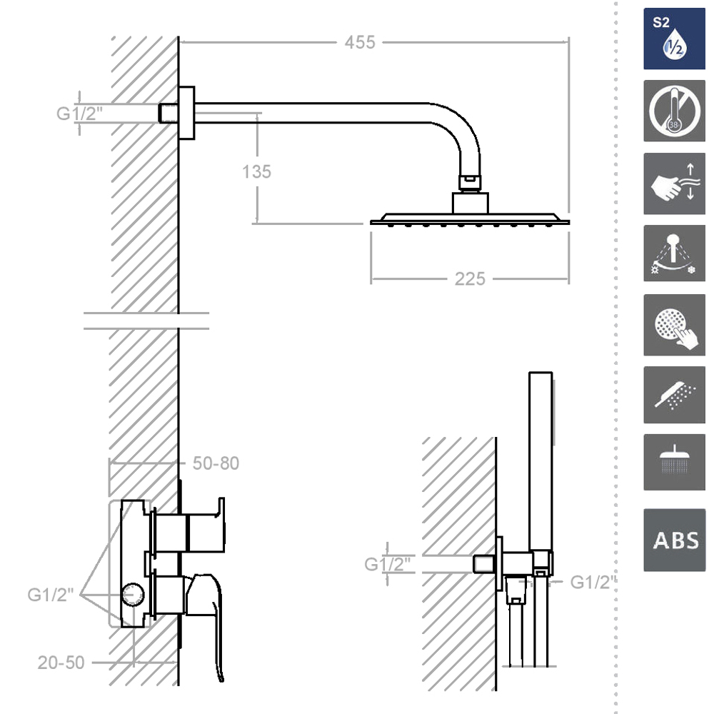 Встраиваемый смеситель для душа с тропическим и ручным душем NEW FLY K5715021NM чёрный