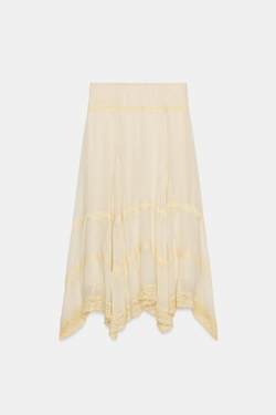 ZARA ЮБКА МИДИ С КРУЖЕВОМ — ZW COLLECTION, ЖЕЛТОВАТО-БЕЛЫЙ