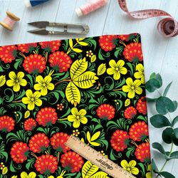 Ткань шифон крупная хохлома на чёрном фоне