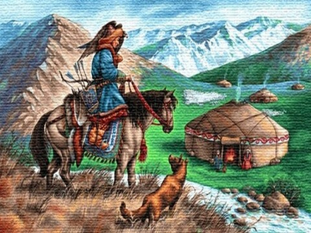 Гобеленовая картина "D. ОХОТА С БЕРКУТОМ" в багетной раме, Россия.