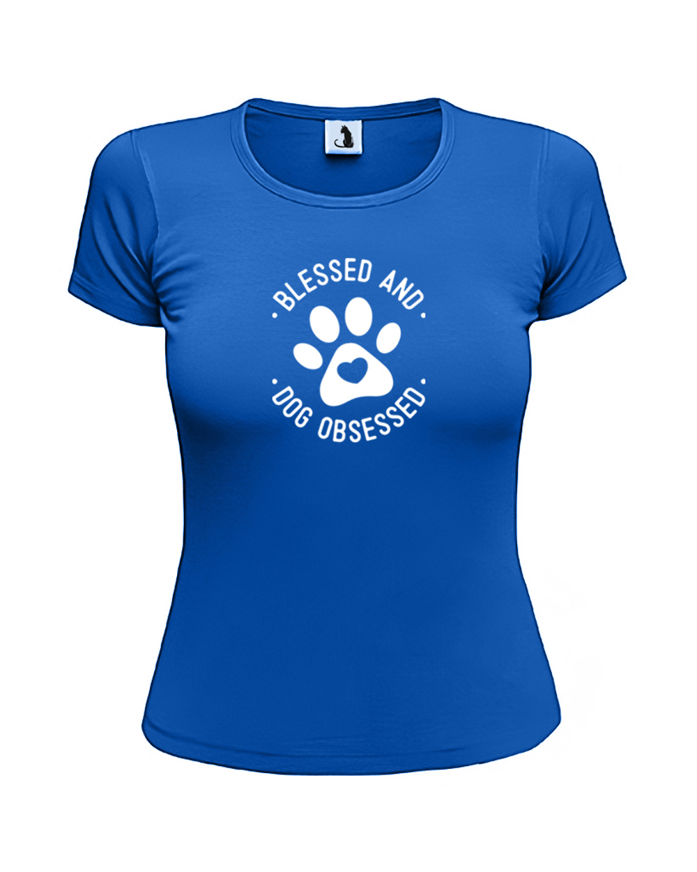 Футболка Blessed and dog obsessed женская приталенная синяя с белым рисунком