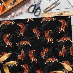 Ткань габардин тигры и облака на чёрном фоне