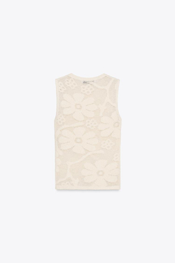 ZARA ТРИКОТАЖНЫЙ ТОП С РЕЛЬЕФНЫМ ЦВЕТОЧНЫМ УЗОРОМ, ЭКРЮ