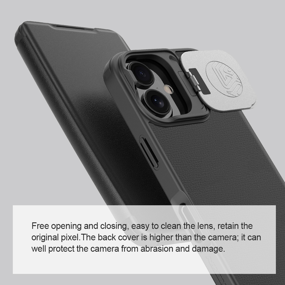Кожаный чехол книжка от Nillkin с откидной крышкой для камеры для iPhone 16, серия Qin Prop Leather Case
