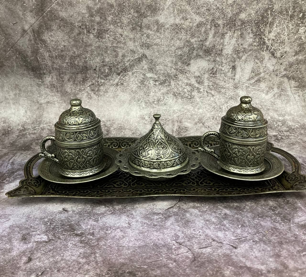 Кофейный набор "Купол" на 2 персоны с лукумницей и подносом/ACAR. Турция (серебристый)