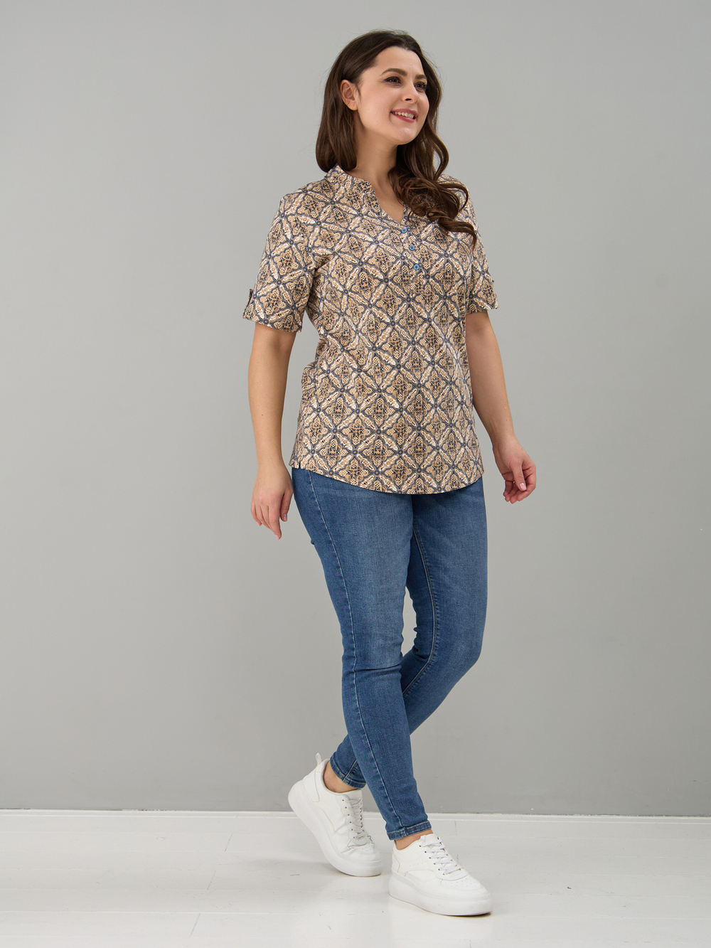 Блузка БЛ-122/орнаментиндиго-бежевый