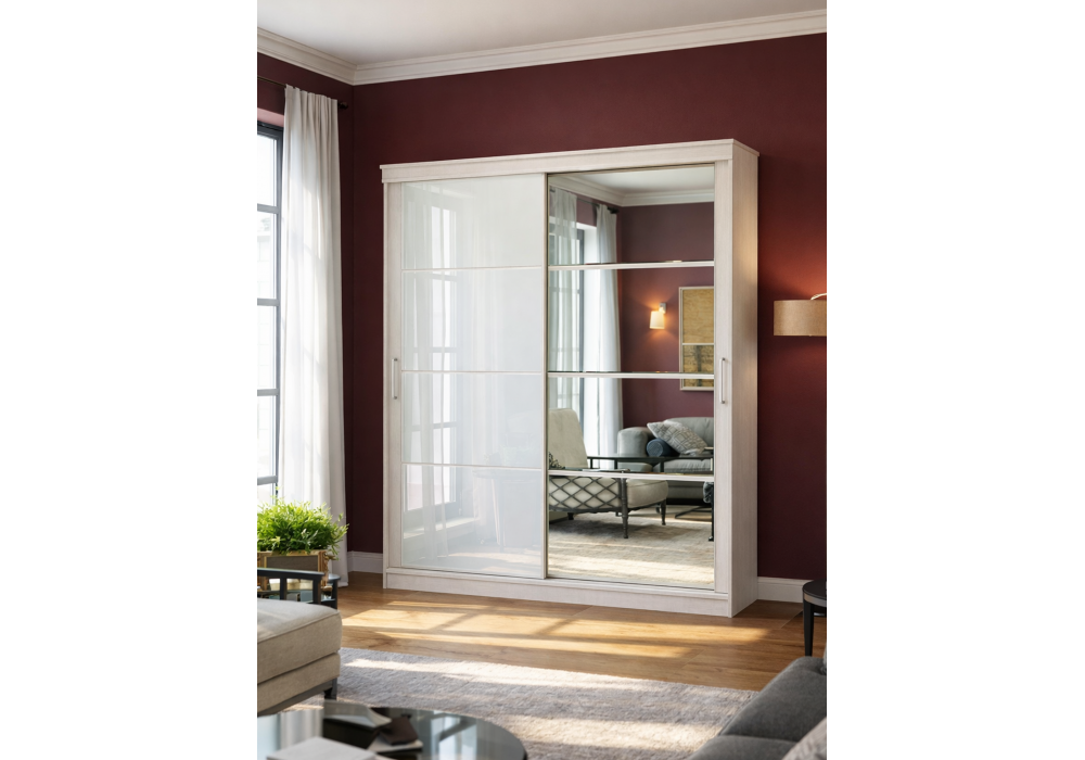 Шкаф Woodville Москана-2 1,5 м анкор светлый, зеркало, лакобель белый