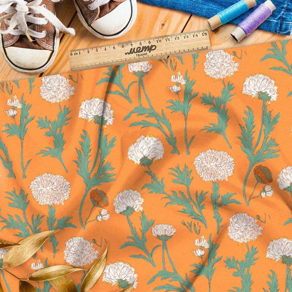 Ткань премиум шелк искусственный Армани белые цветочки на оранжевом