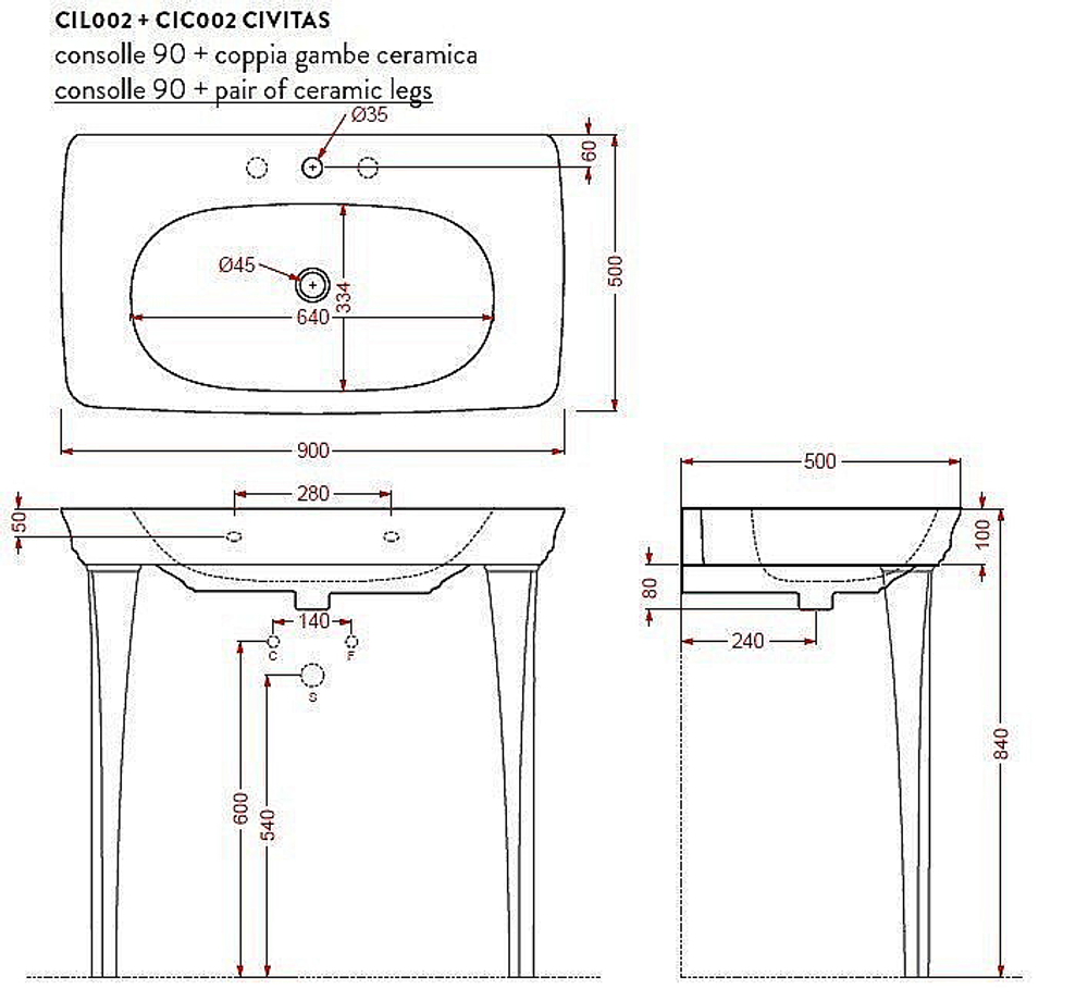 Консоль с раковиной Artceram CIVITAS CIL002/CIC002 90 черная