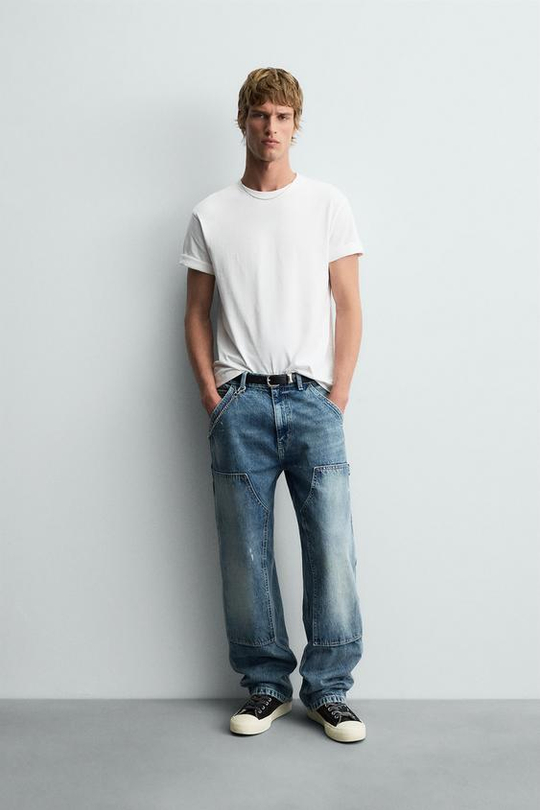 ZARA ДЖИНСЫ В РАБОЧЕМ СТИЛЕ С ЭФФЕКТОМ ПОТЕРТОСТИ, СИНИЙ